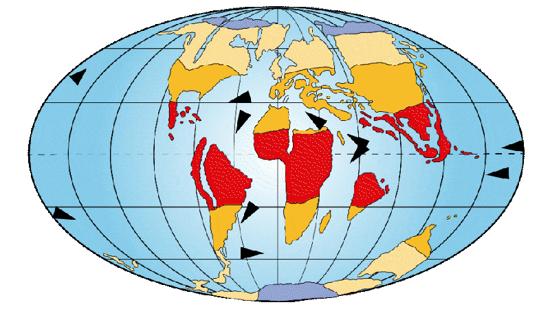 Répartition des continents et courants marins à 65Ma - Cénozoïque