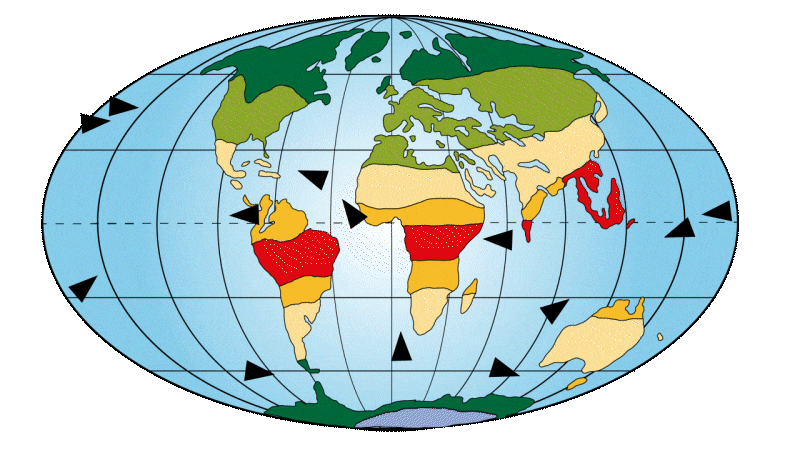 Répartition des continents et courants marins à 30Ma